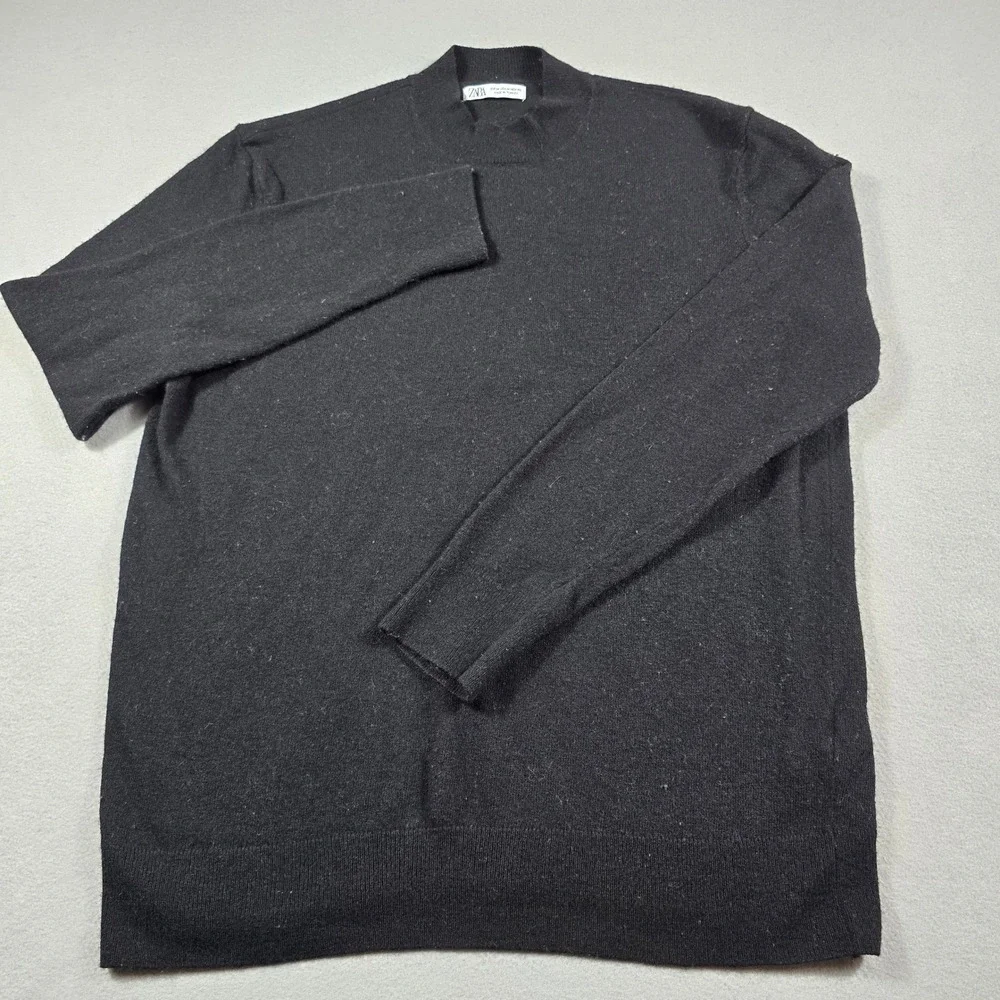 Zara Mens Medium Black Sweater Mock Neck Cashmere Blend Knit Long Sleeve